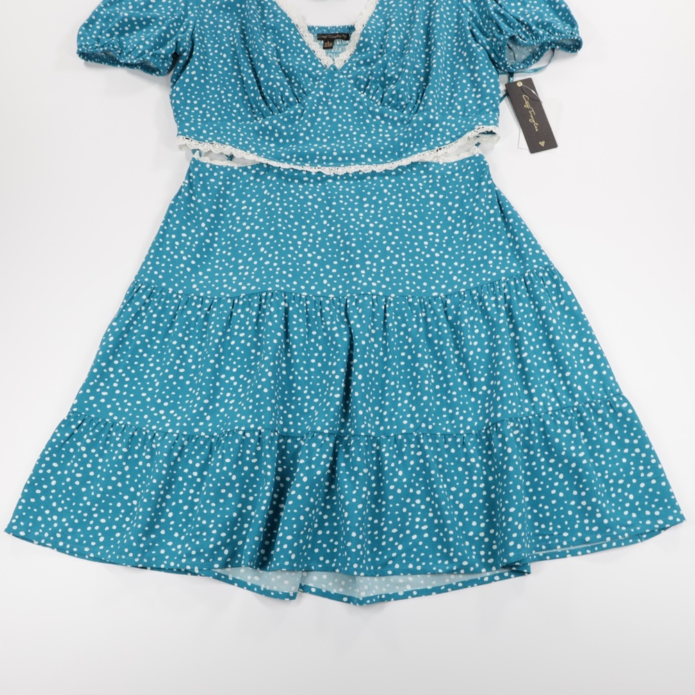 City Triangles Women's V Neck Puffed Sleeve Dot Woven Flare Dress Green Size L - Picture 3 of 9